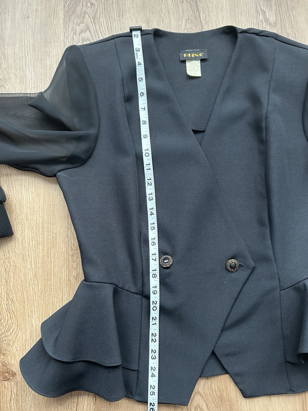 Vintage 90s Black Peplum Blazer Sheer Sleeve Minimalist Jacket