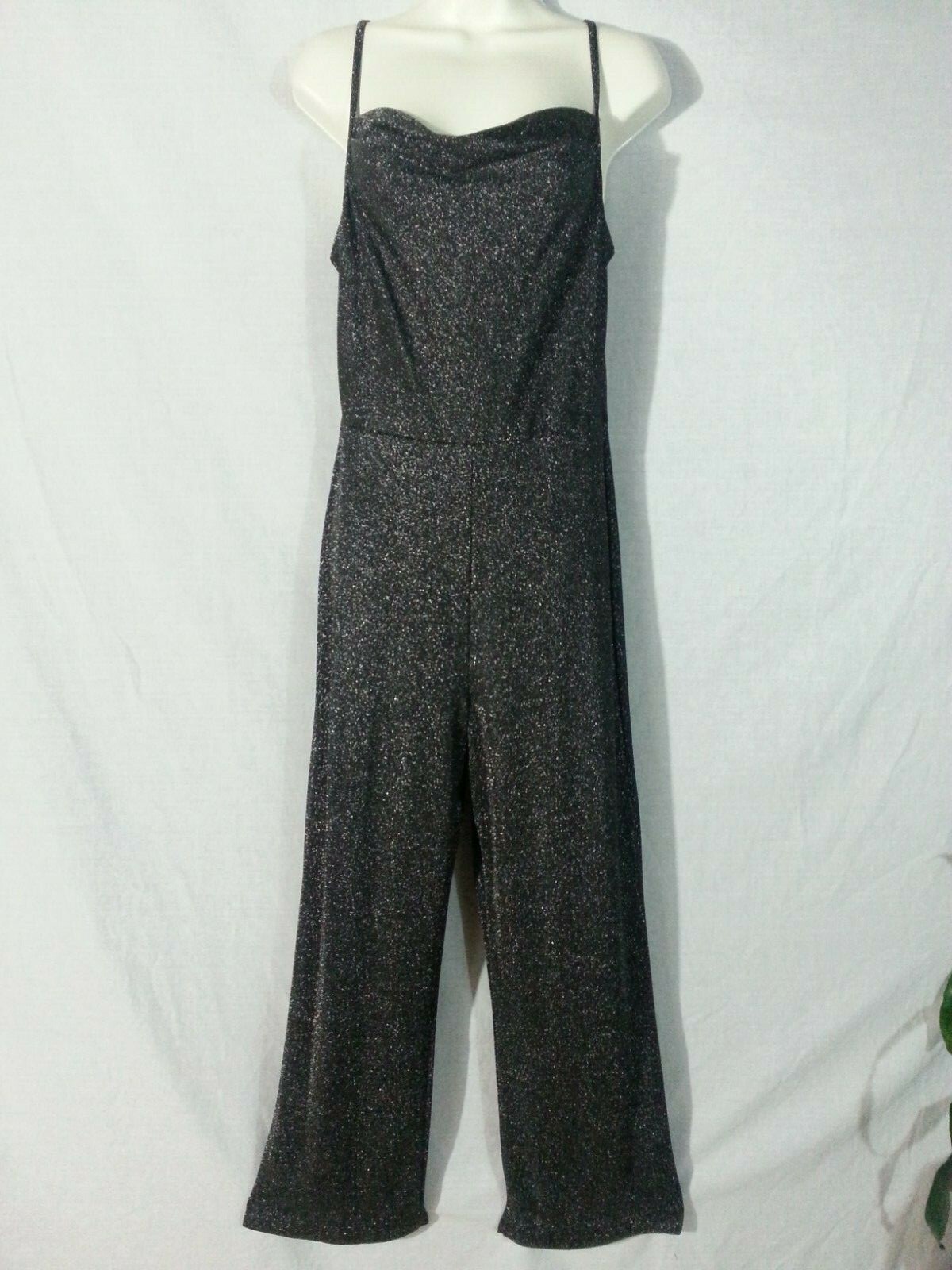 Vtg 90s Newport News Jumpsuit 1 Piece Black Silver Metallic Spaghetti Strap M/P