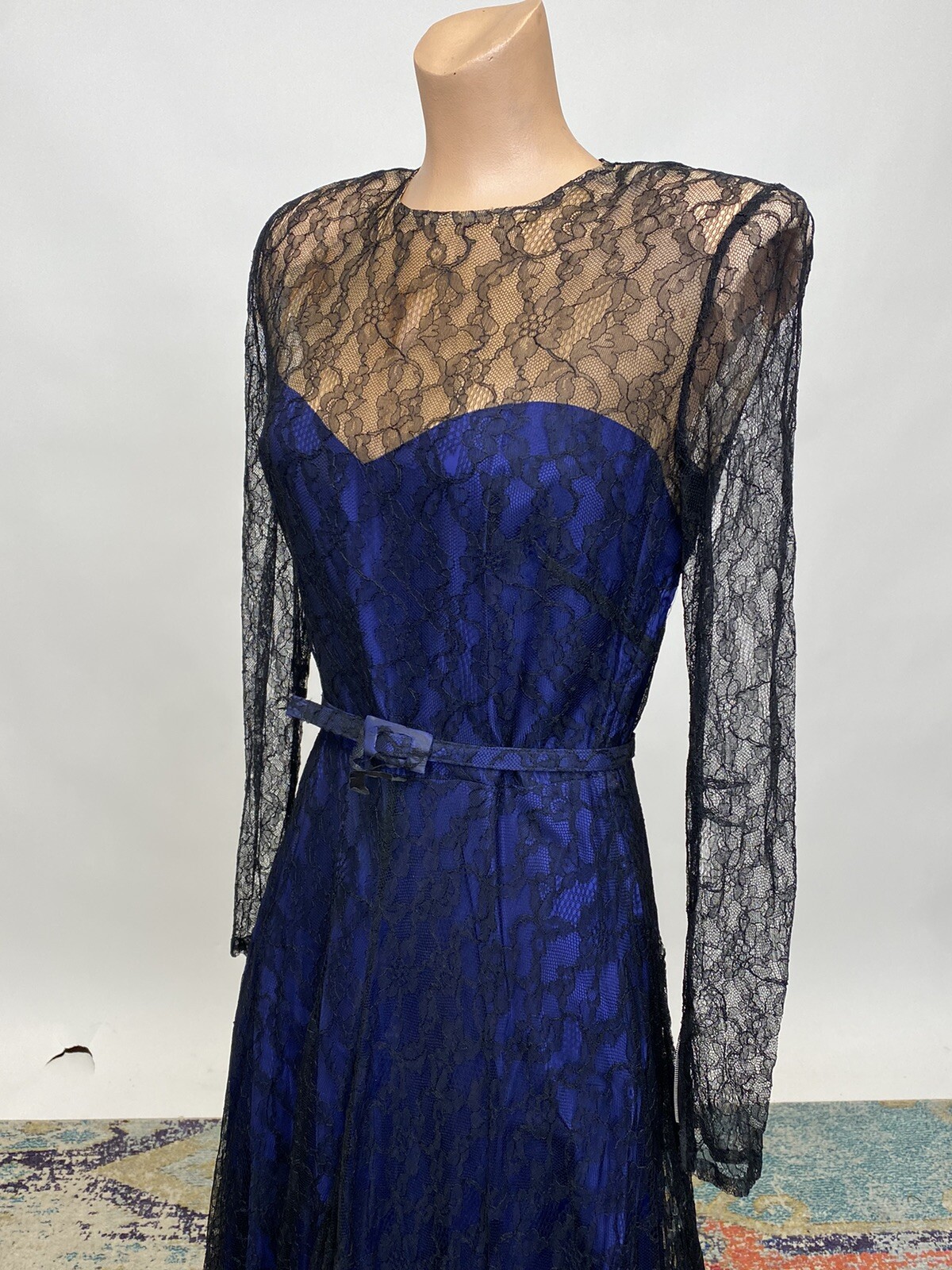 Antique Vintage 1940s Black & Blue Silk Chiffon Lace Bias Cut Full Length Gown