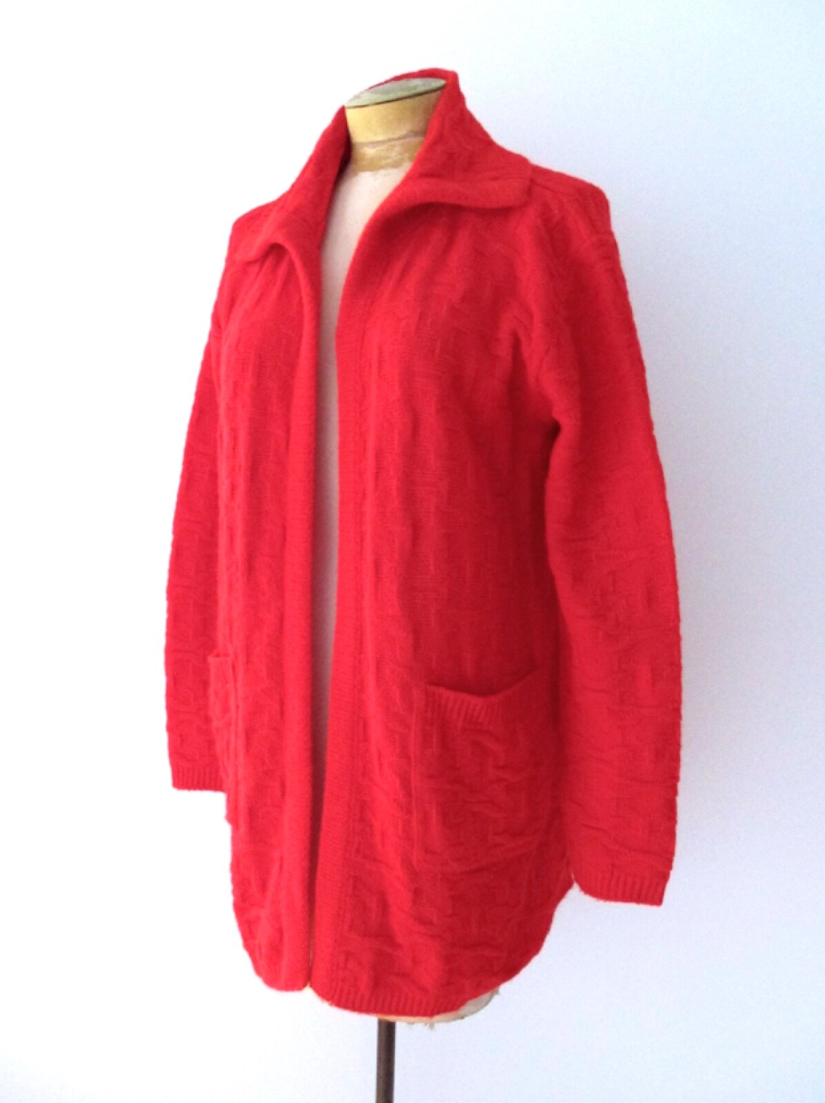 Vtg 60s 70s Red Geometric Textured Long Open Cardigan Duster Sweater Pockets S