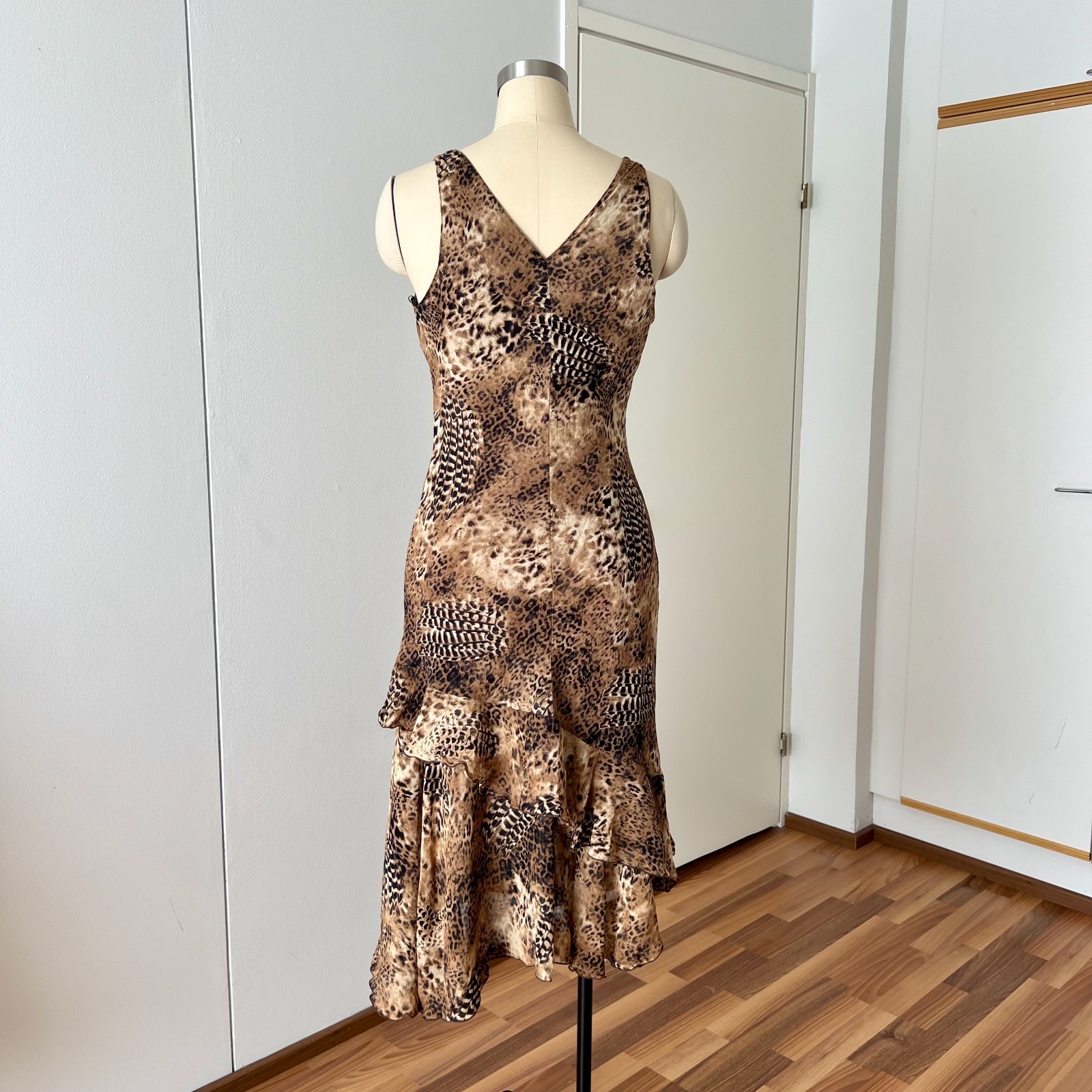 90s Leopard Print Midi Slip Dress Asymmetrical Hem Fairycore Bias Cut Slinky 44