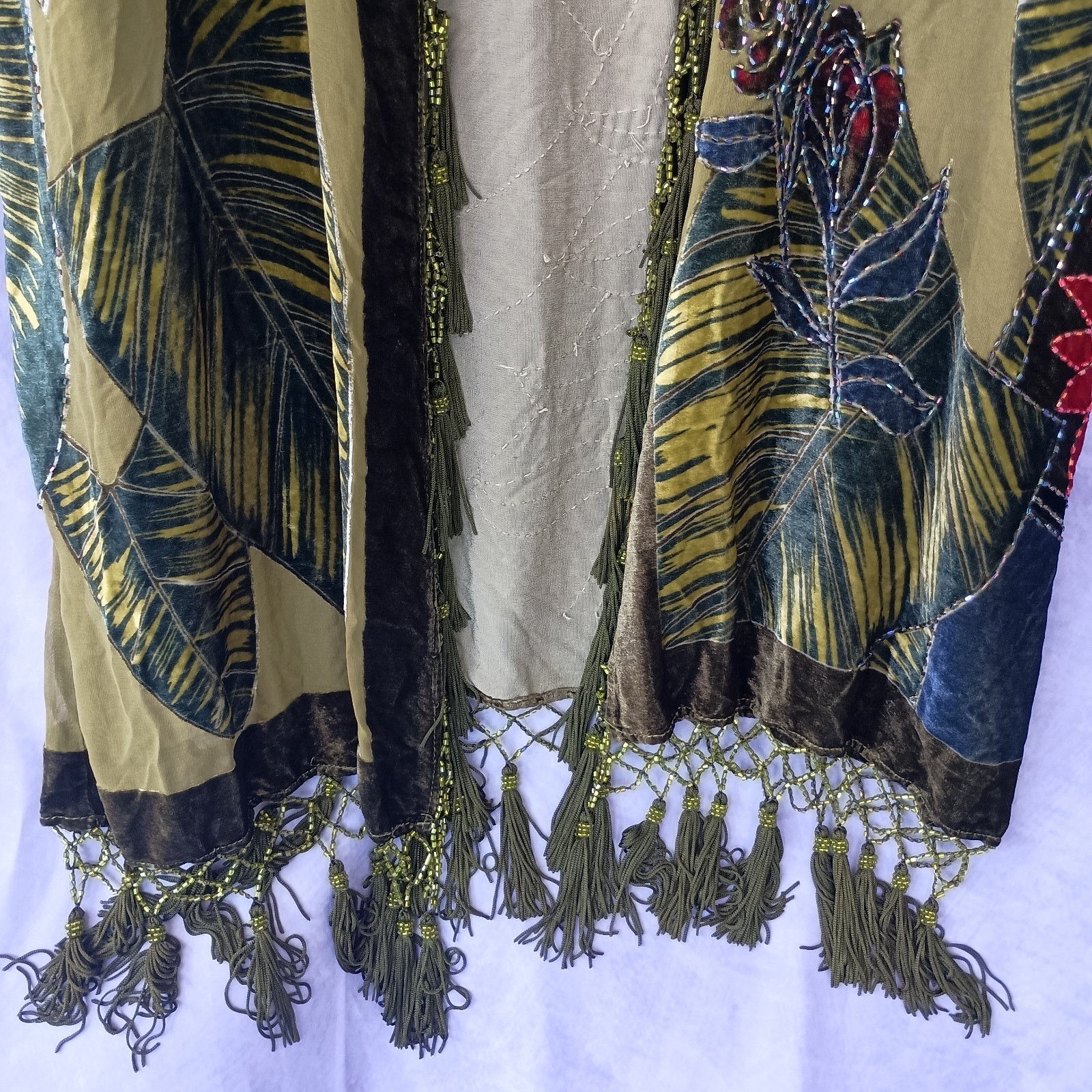 Chico’s Vintage Olive Silk Velvet Burnout Tassel Beaded Kimono