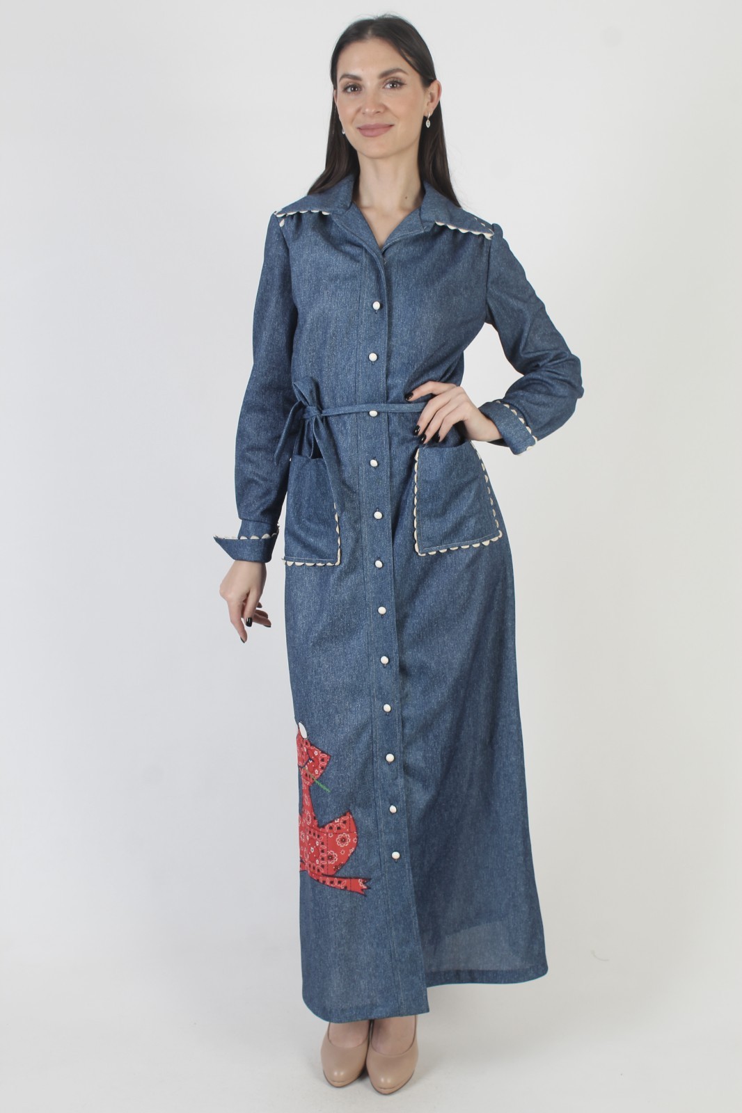 Vtg 70s Chambray Frog Prairie Dress Americana Bandana Belted Ric Rac Trim Maxi