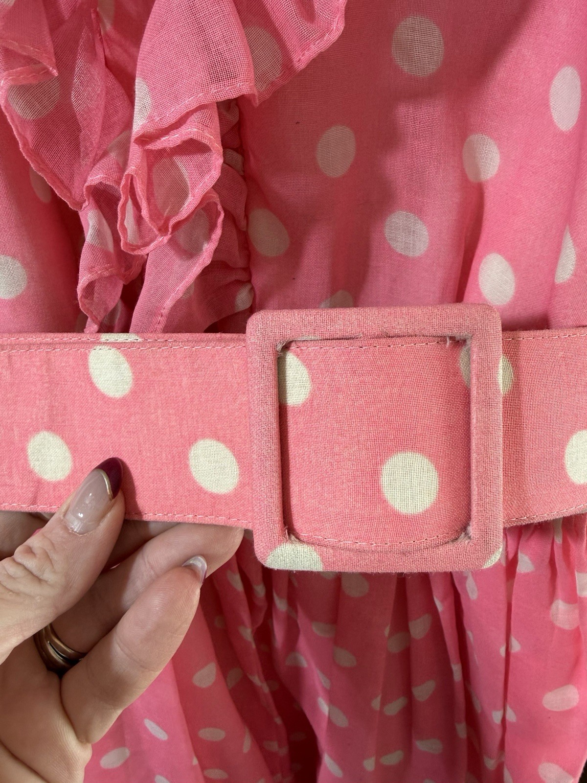 Vtg Secretary Ruffle Dress Gallant of California Pink Polka Dot Belted NWT Sz 16
