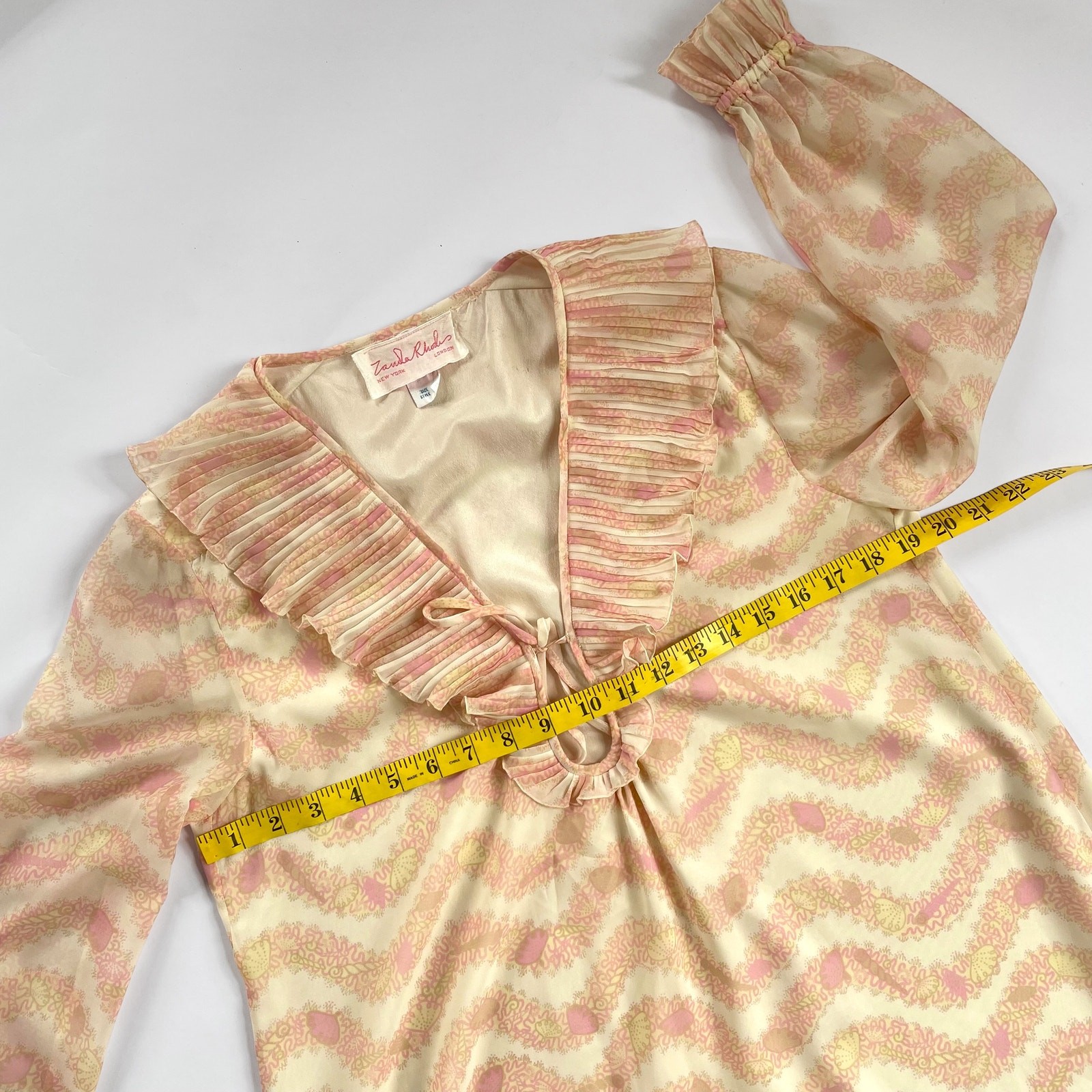 VTG Zandra Rhodes LingerieRuffle NightGown Shear Maxi Lounge 70s 80s Seashell