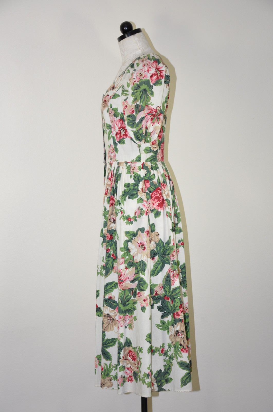 80s Vintage Pink Green Hibiscus Floral Puff Sleeve Romantic Midi Dress Women M L