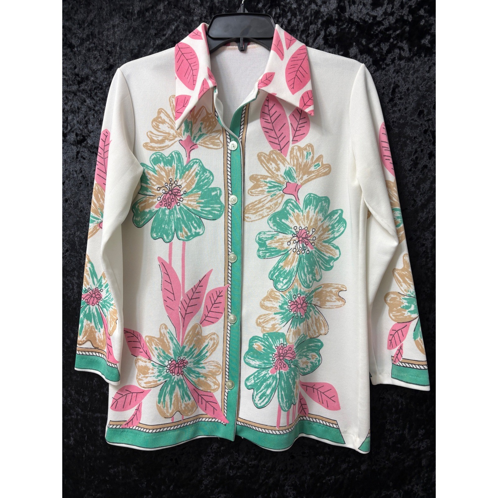 Vtg 70s Floral Button Up Women M White Pink Green Retro Hippy Artsy Aloha Granny