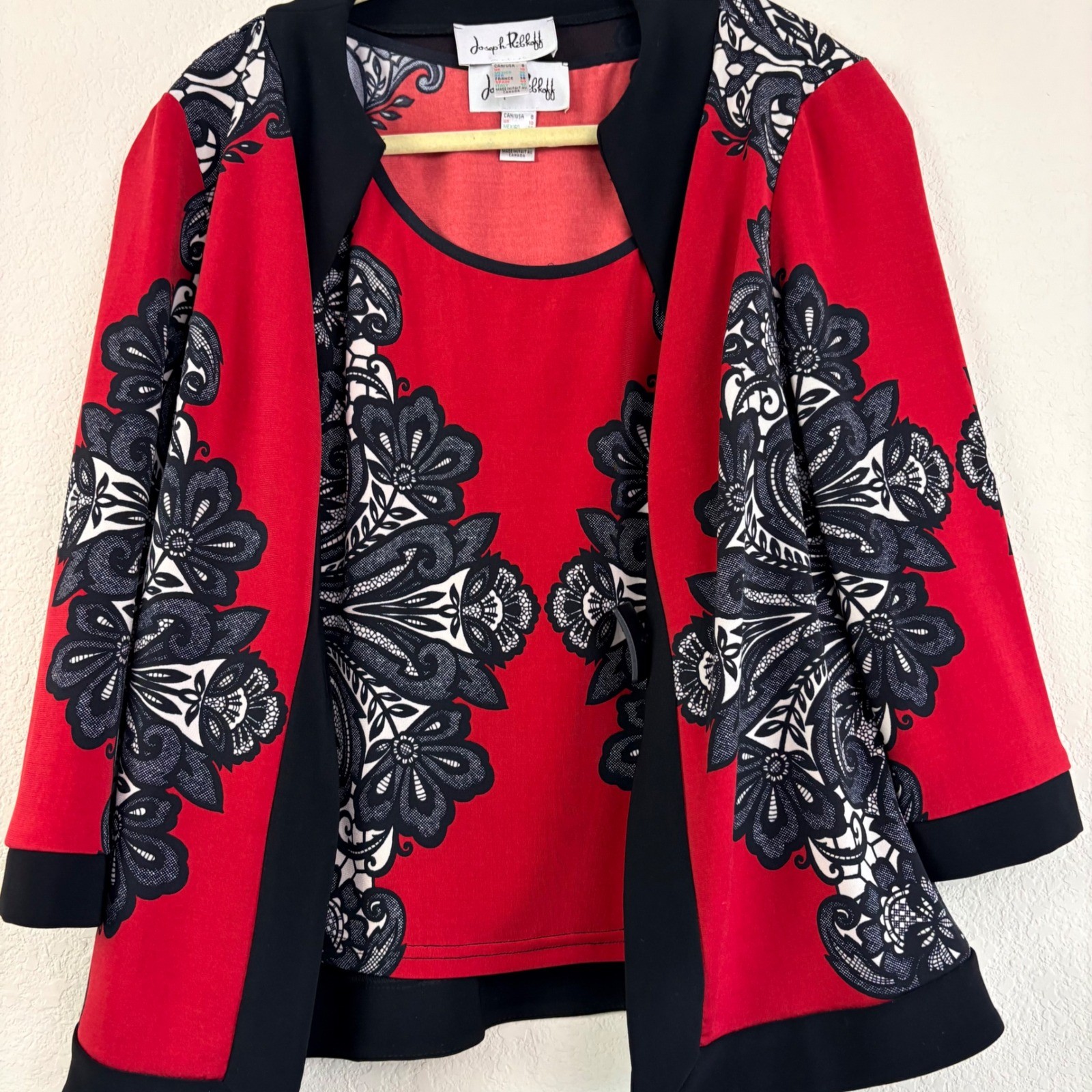 Joseph Ribkoff 8 Red Black Paisley 2pc Set Jacket Tank Career Art to Wear VTG