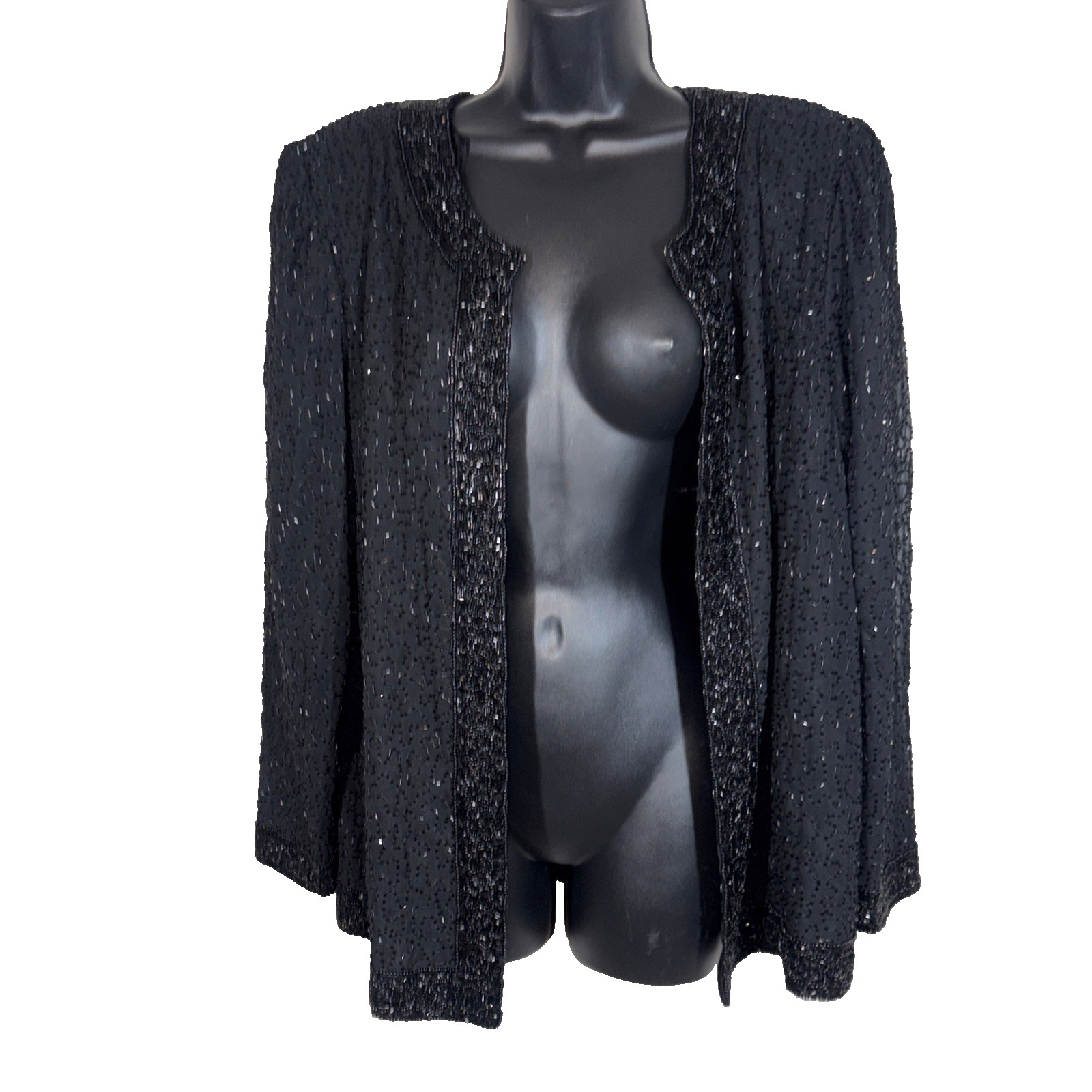 Laurence Kazar Jacket L black fully Beaded Party Mother Cocktail Formal vtg blac