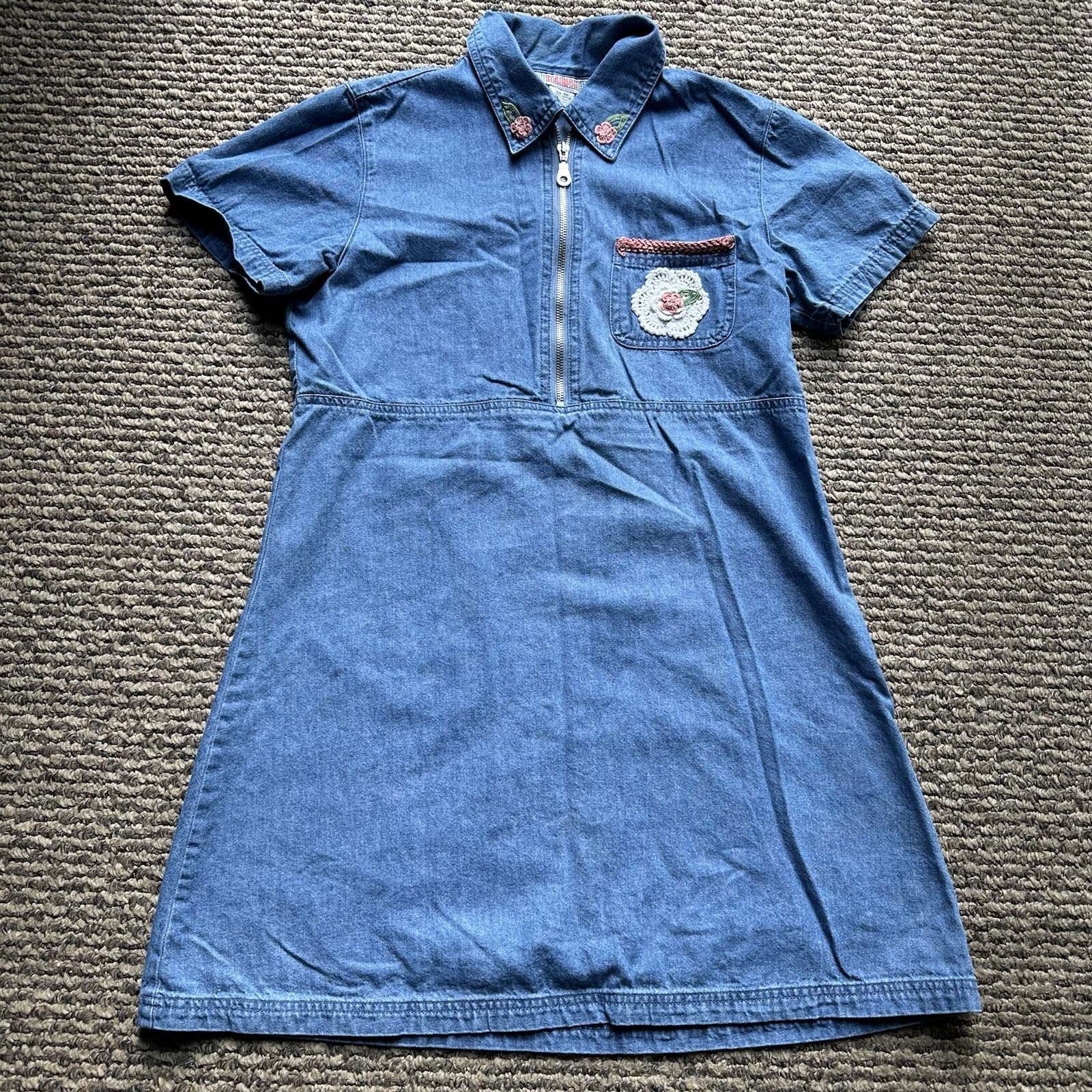 Vintage FADS Denim 100% Cotton Dress Embroidered Floral Teacher Petite 4