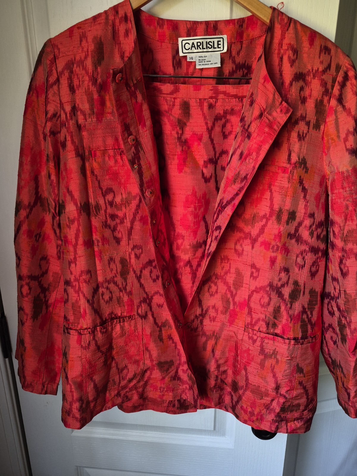 Vintage Carlisle 100% Silk Blazer Skirt Suit Red Shoulder Pads Size 14