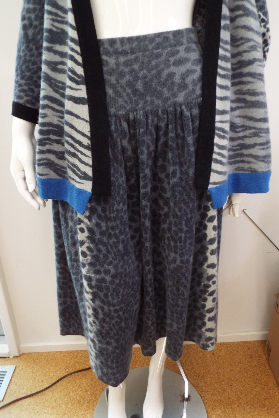 Vintage 1980s KENZO Sweater & Skirt Lambswool Angora Gray Animal Print Blue