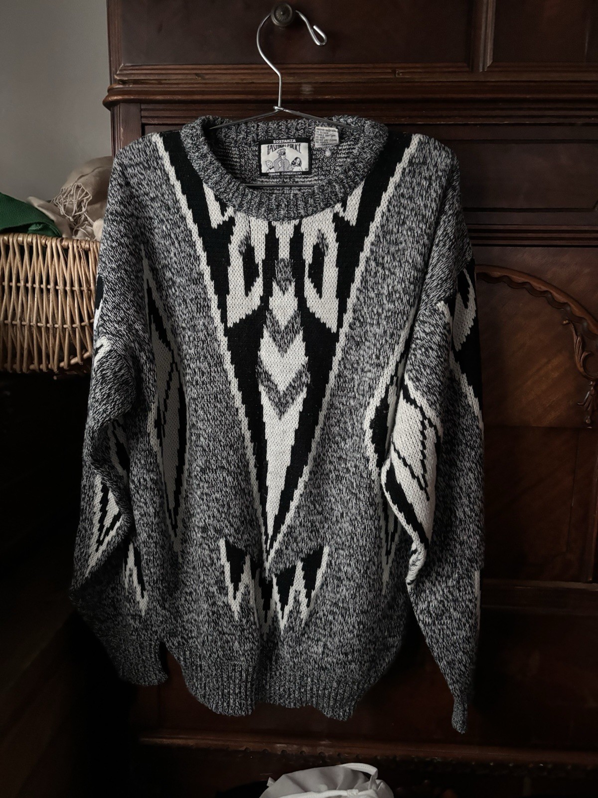 Vintage 1980s Fashion Knit Black White Geometric Oversized Sweater