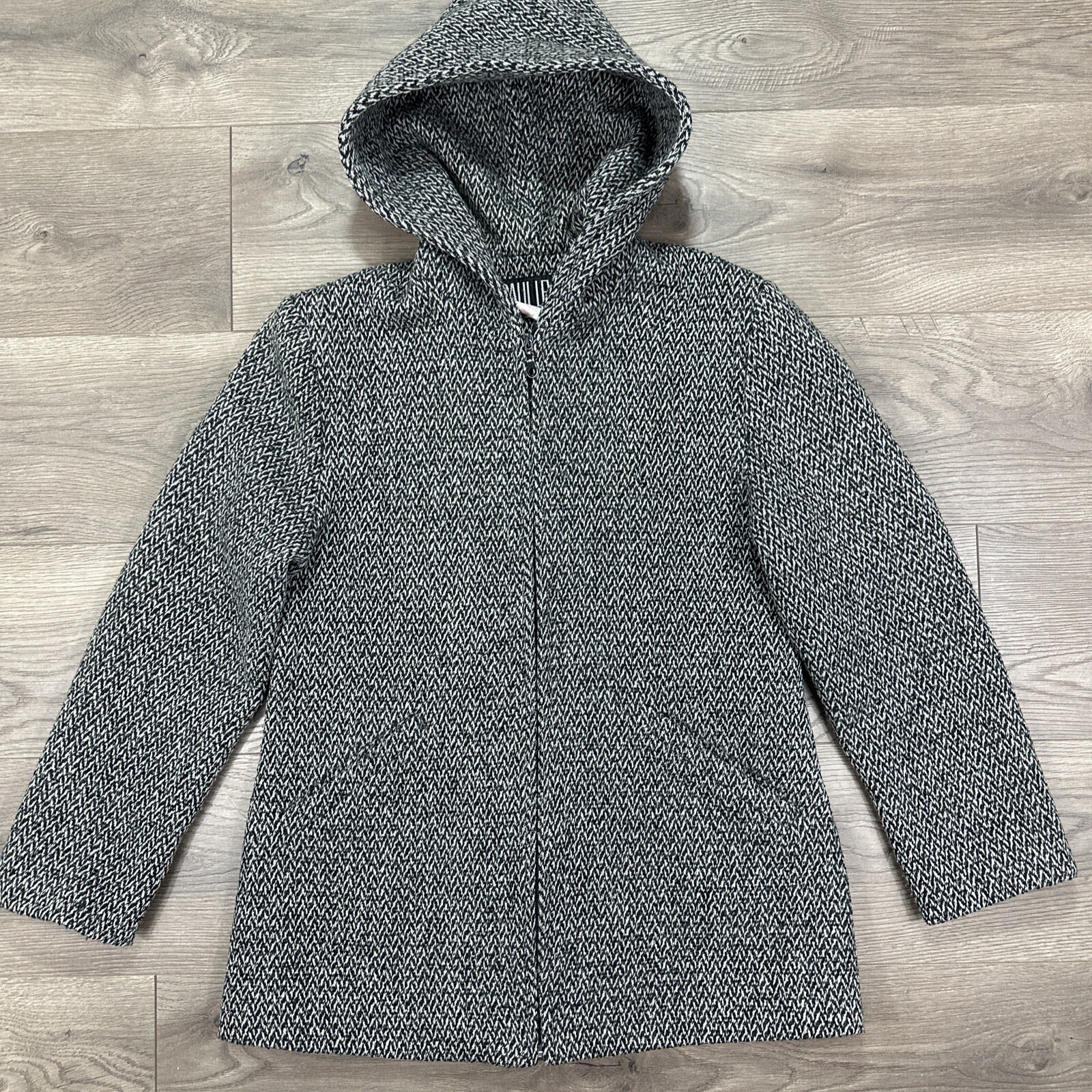 Vintage Paul Levy Wool Hooded Jacket Coat Full Zip Grey Black Herringbone Small