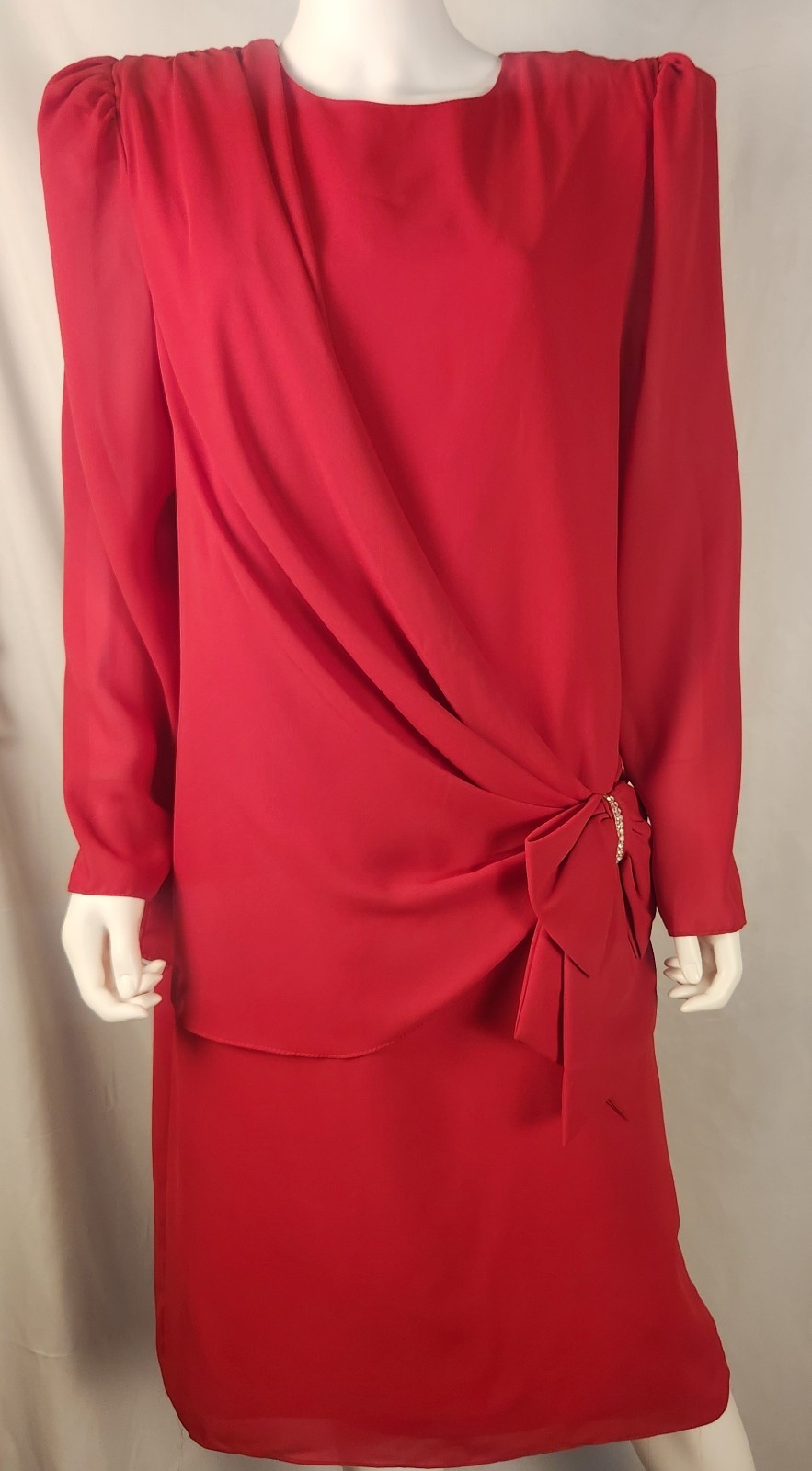 Vintage 80s Red Draped Front/Side Bow With Rhinestones Valentine Dress 15/16