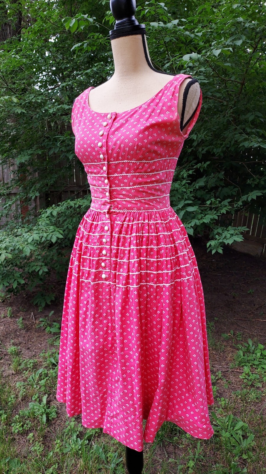 Vintage 50’s Lanz Originals Floral Print Dress Cotton Lace Button Pockets Small