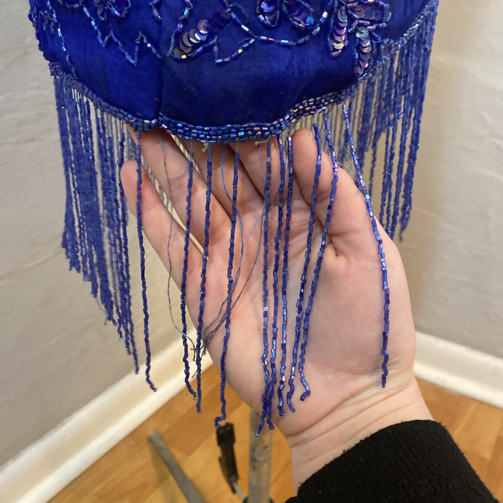 Vintage 80s Dark Blue Silk Sequin Beaded Fringe Cocktail Formal Mini Dress Med