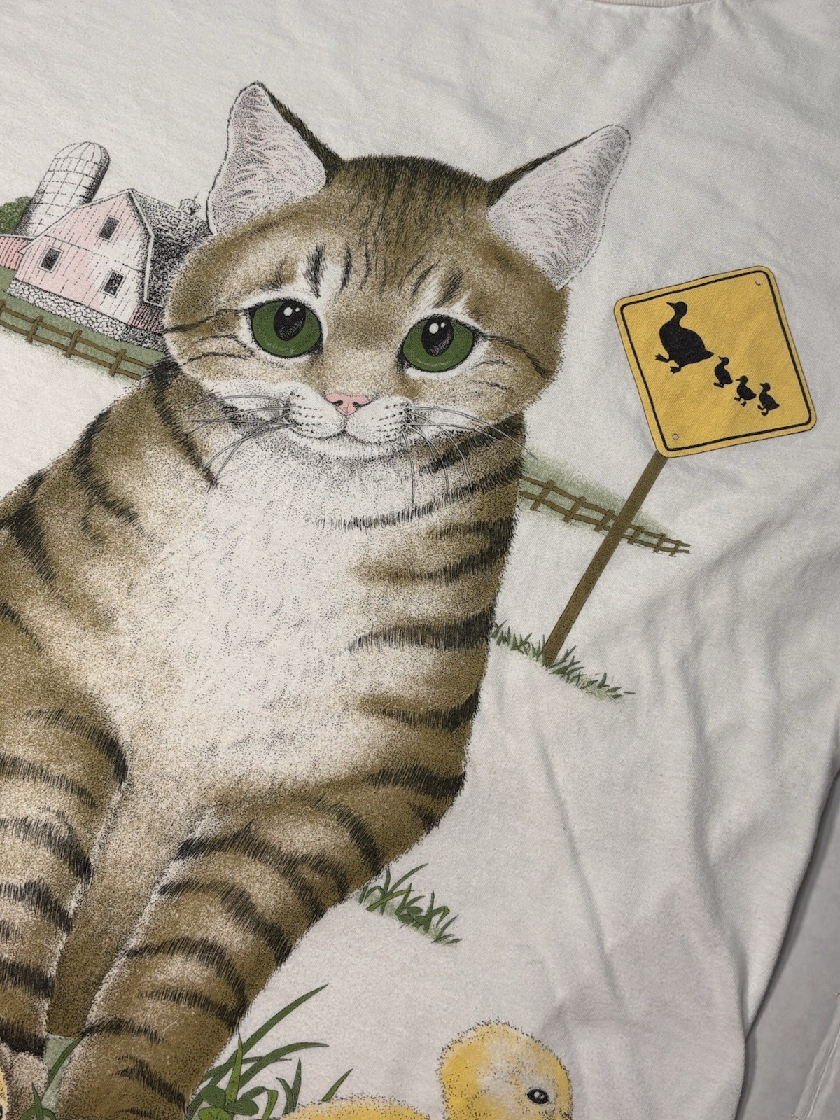 Vintage Cat Duck Graphic T Shirt Farm Cottagecore Animal Tee Large