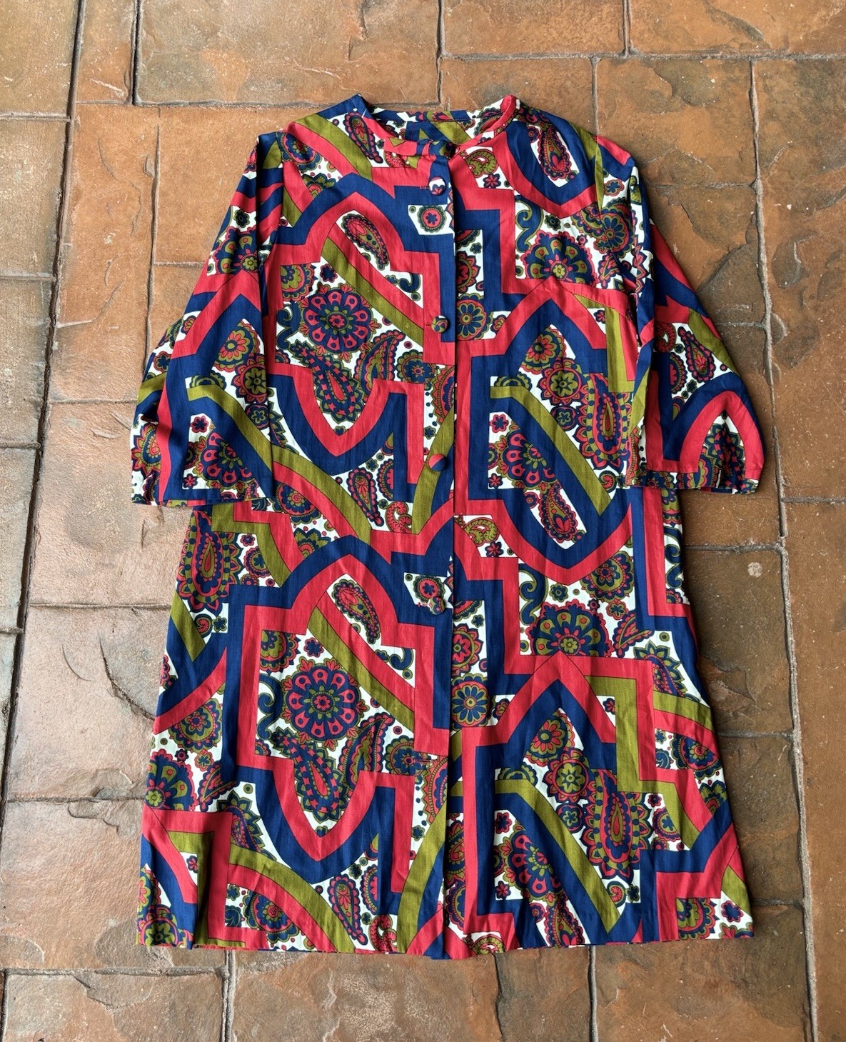Vintage 60s Lounge Craft Psychedelic Abstract Long Tunic Maxi Dress Women’s