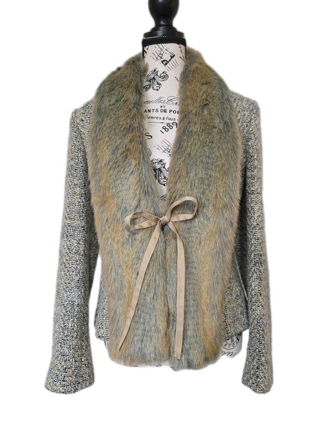 Harve Benard Women’s Vintage Wool Blend Faux Fur Lined Jacket Size 8 Tie Front