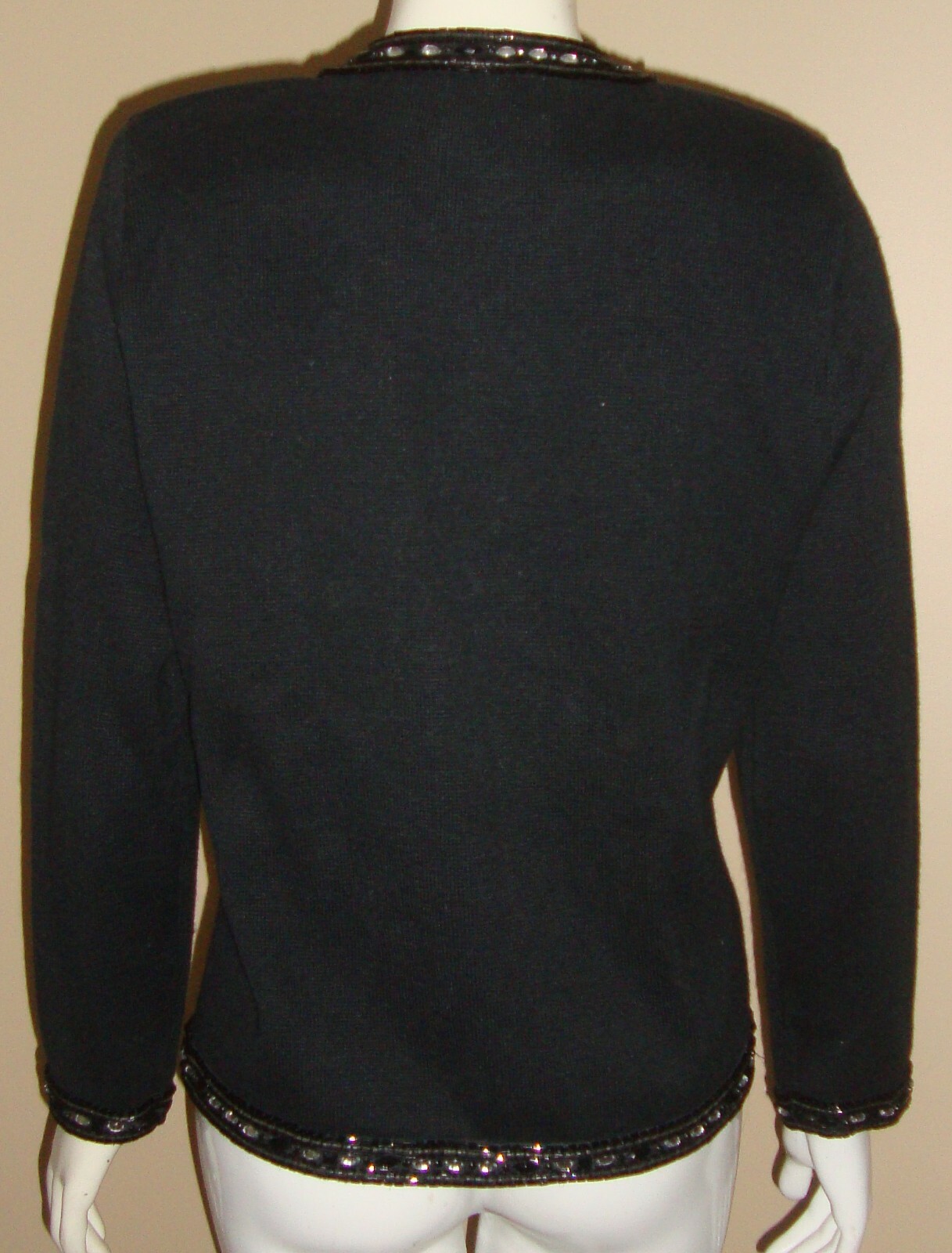 Bonnie Boerer Petite Black Beaded Sweater Zip Knit Jacket Beaded Size S Vintage