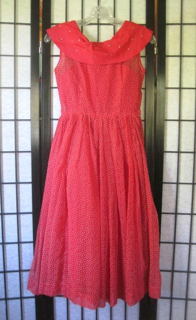 Vintage 1950s Sheer Dress Red White Swiss Dots Sailor Look Rhinestones 32 XS S