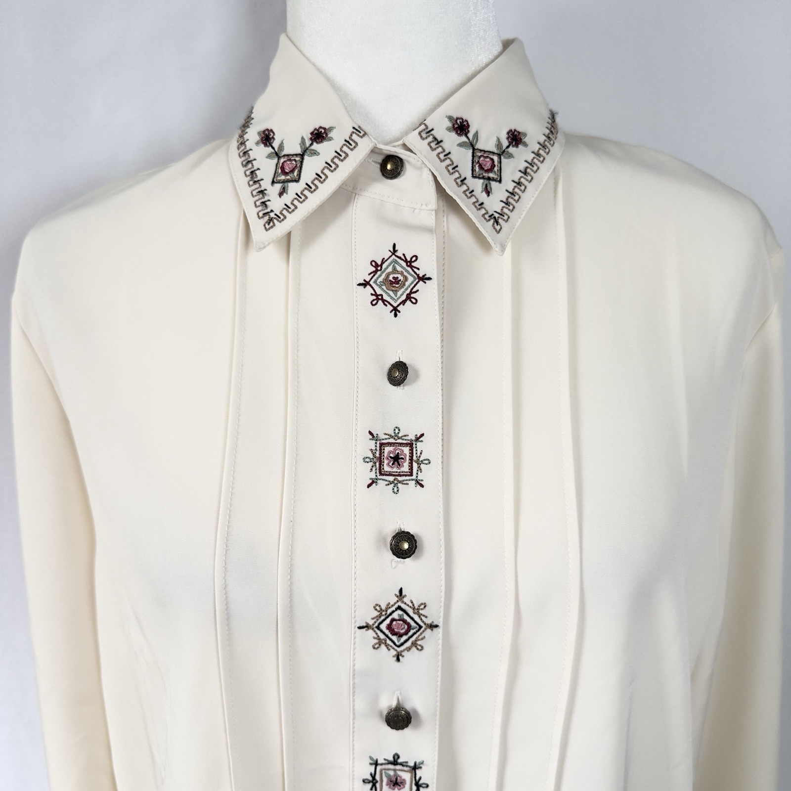 Koret Vintage Blouse Sz 10 Ivory Embroidered Collar Pin-Tuck Western Style