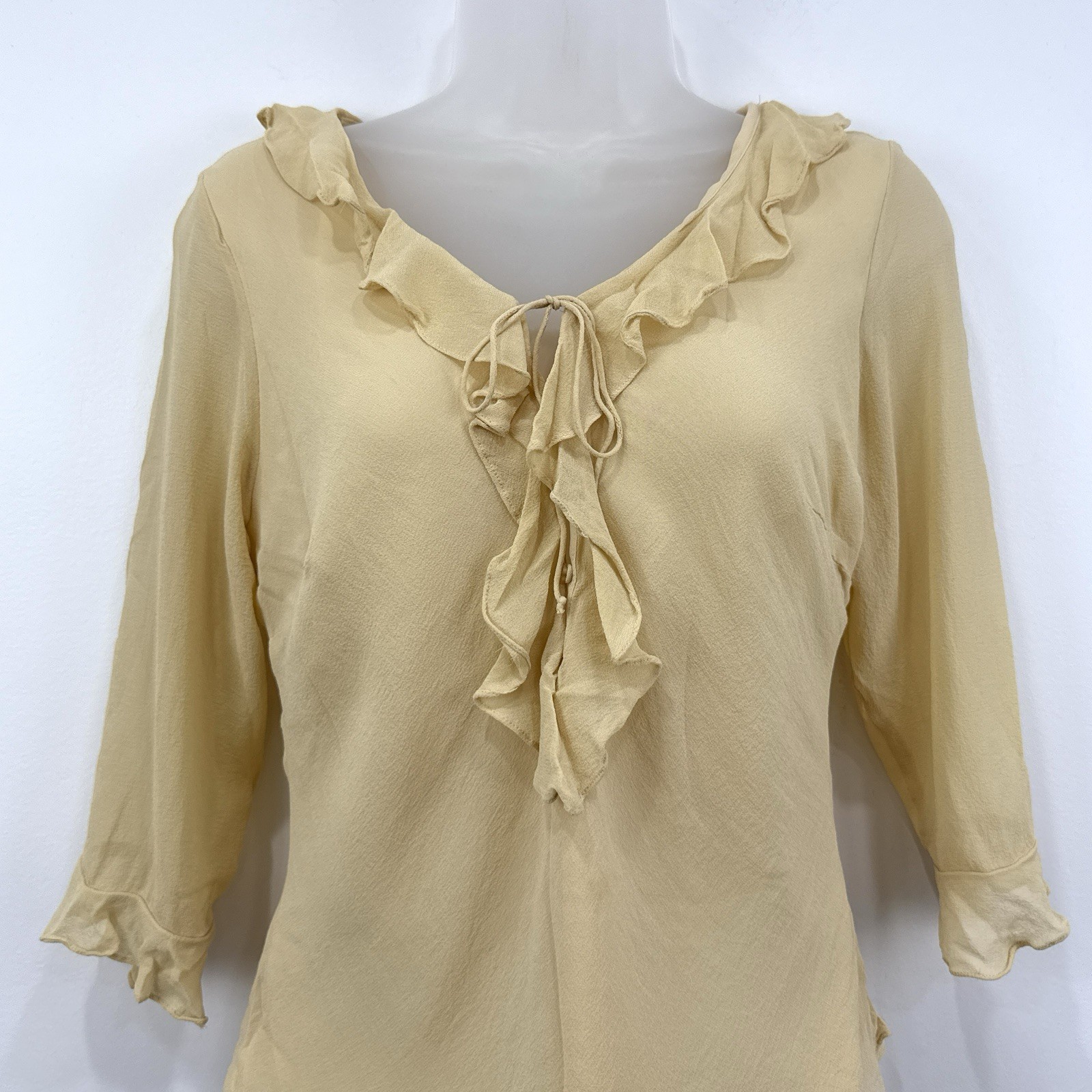 VTG Y2K Ice 100% Silk Top Womens S Beige Renaissance Fairy Dainty Ruffle Flounce