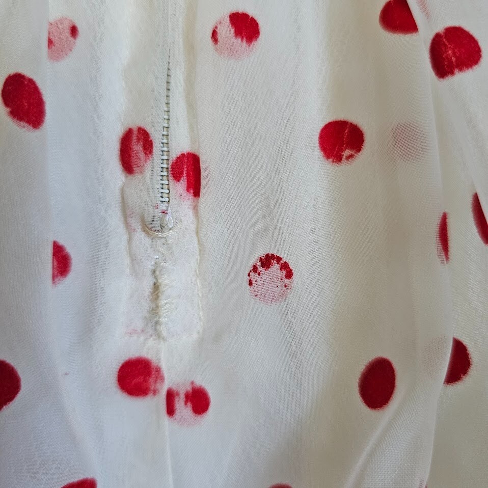 Vintage 50s Flocked Cherry Red Polka Dot Organza Shelf Bust Prom Wedding Dress S