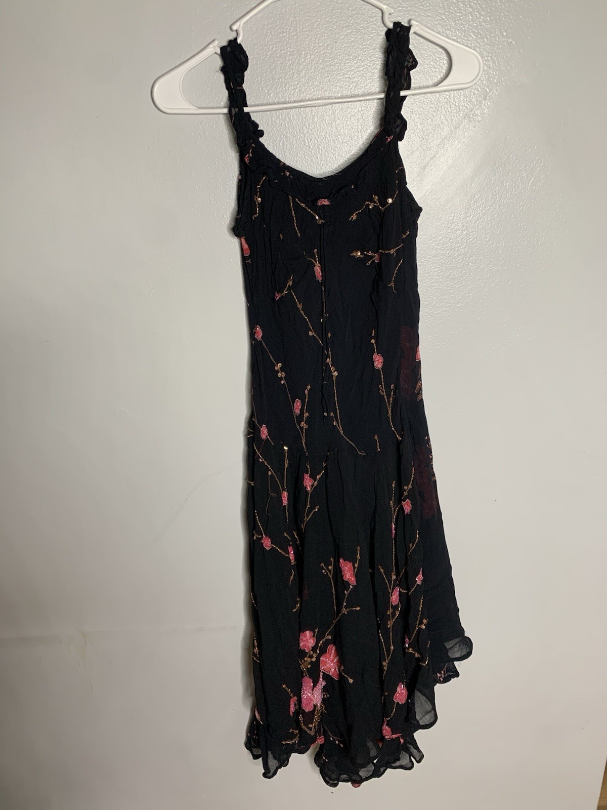 Vintage Papillon Black Rayon Dress, Embroidered Floral Medium