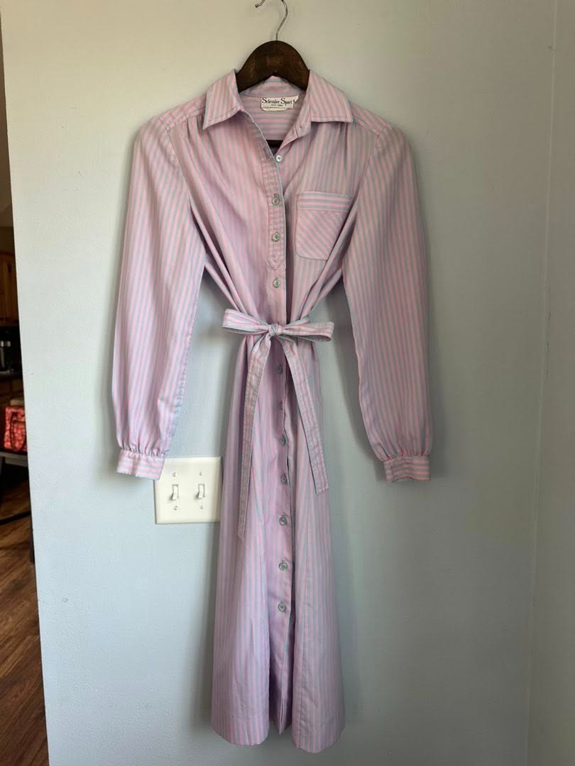 Vintage Shrader Sport Stripe Shirt Dress Pink Blue ILGWU Tie Waist S