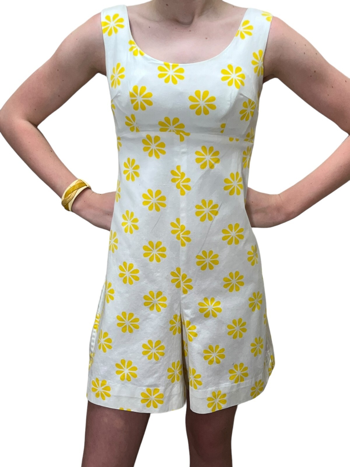 Sz XS Vtg 60s Romper SKORT DAISY FLOWER POWER CULOTTES Yellow Shorts Playsuit