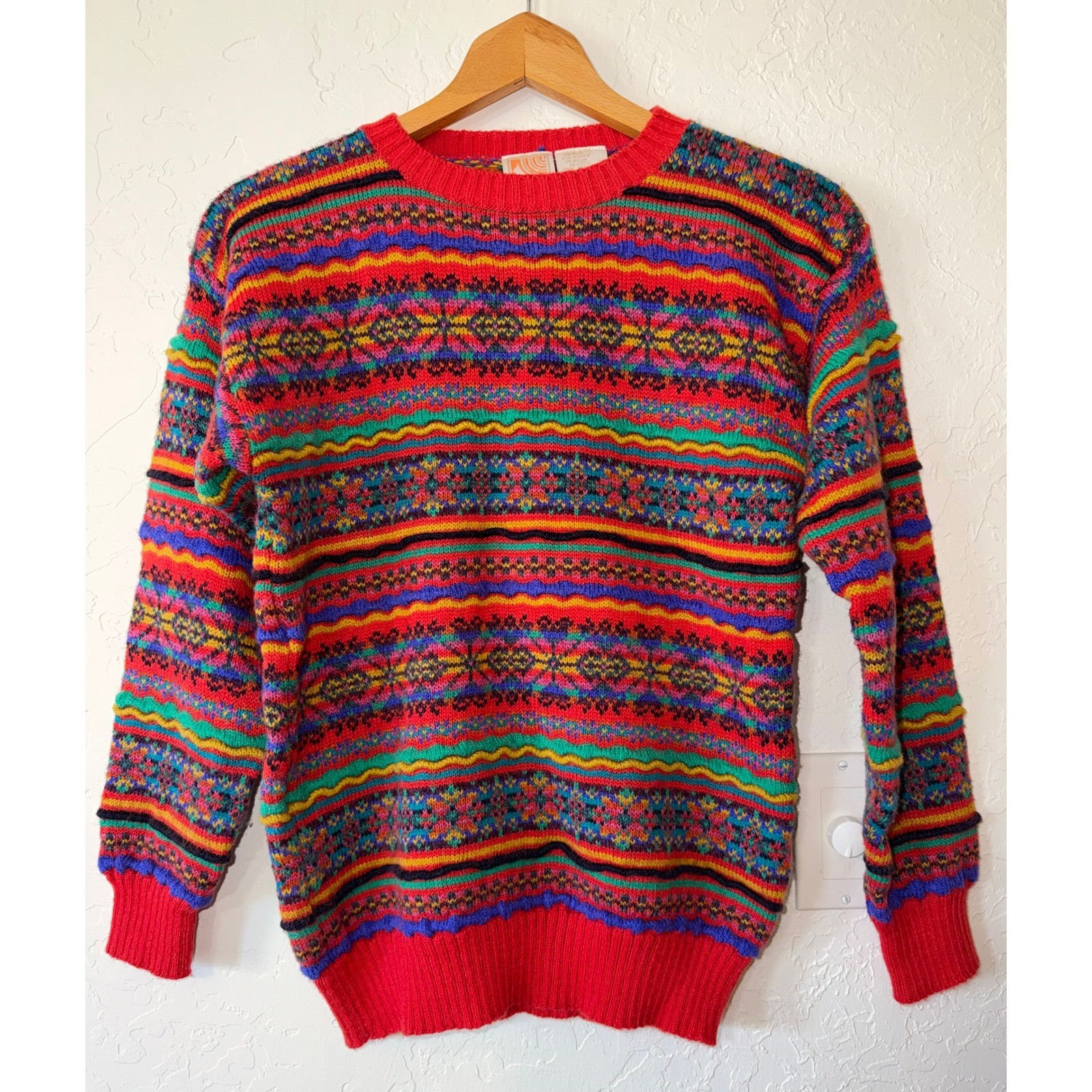 Vtg 80s 90s Paul Harris Coogi Style Bright Geometric Pattern Knit Sweater Small