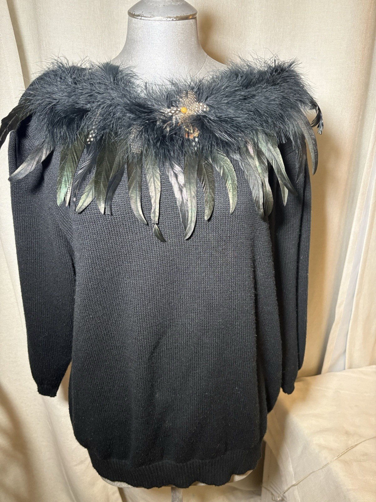 Rare 80s 90s Victoria Jones Woman Feather Sweater Maximalist Gothic Glam XL