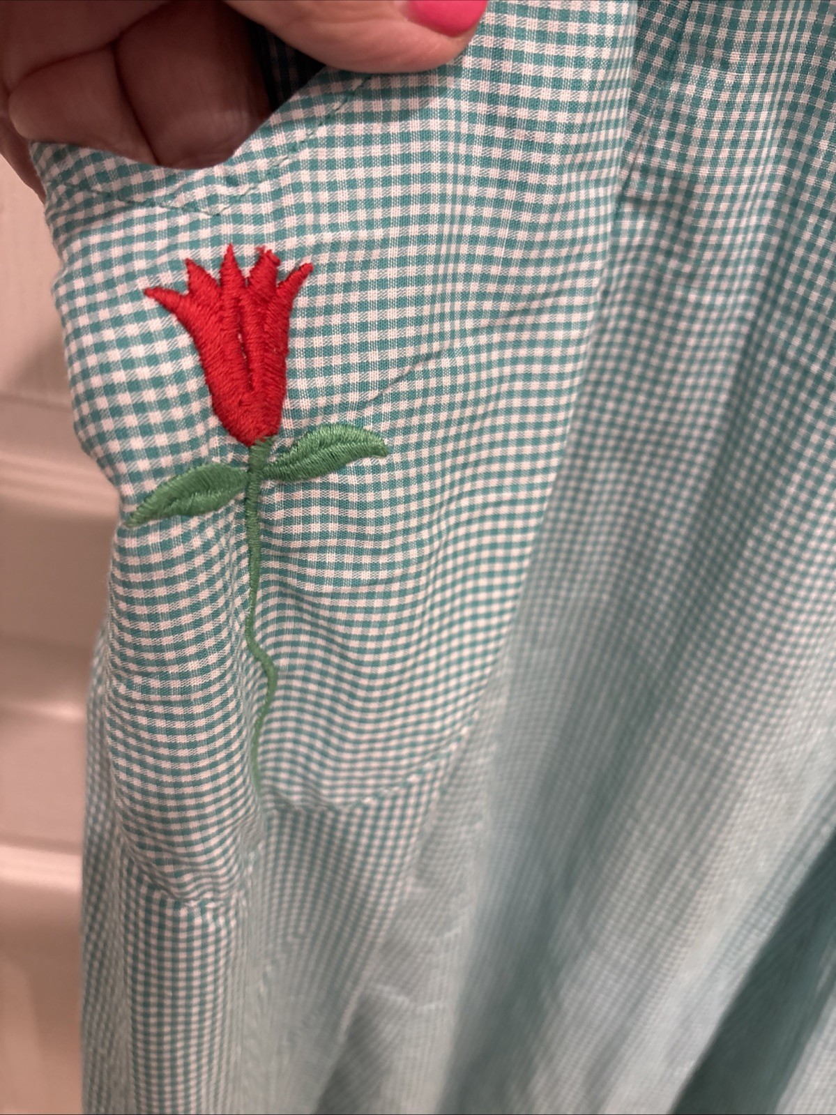 Vintage 1950s SWIRL Wrap Day Dress 50s Floral Embroidered green Gingham Cotton