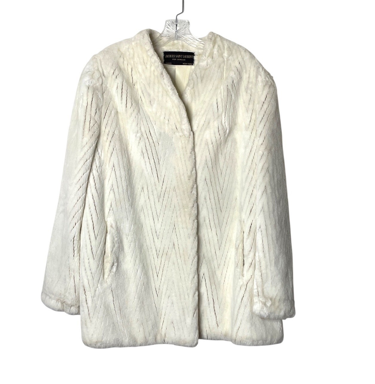 Vtg 70’s Jacques Saint Laurent Off White Faux Fur Chevron Coat with Pockets XL