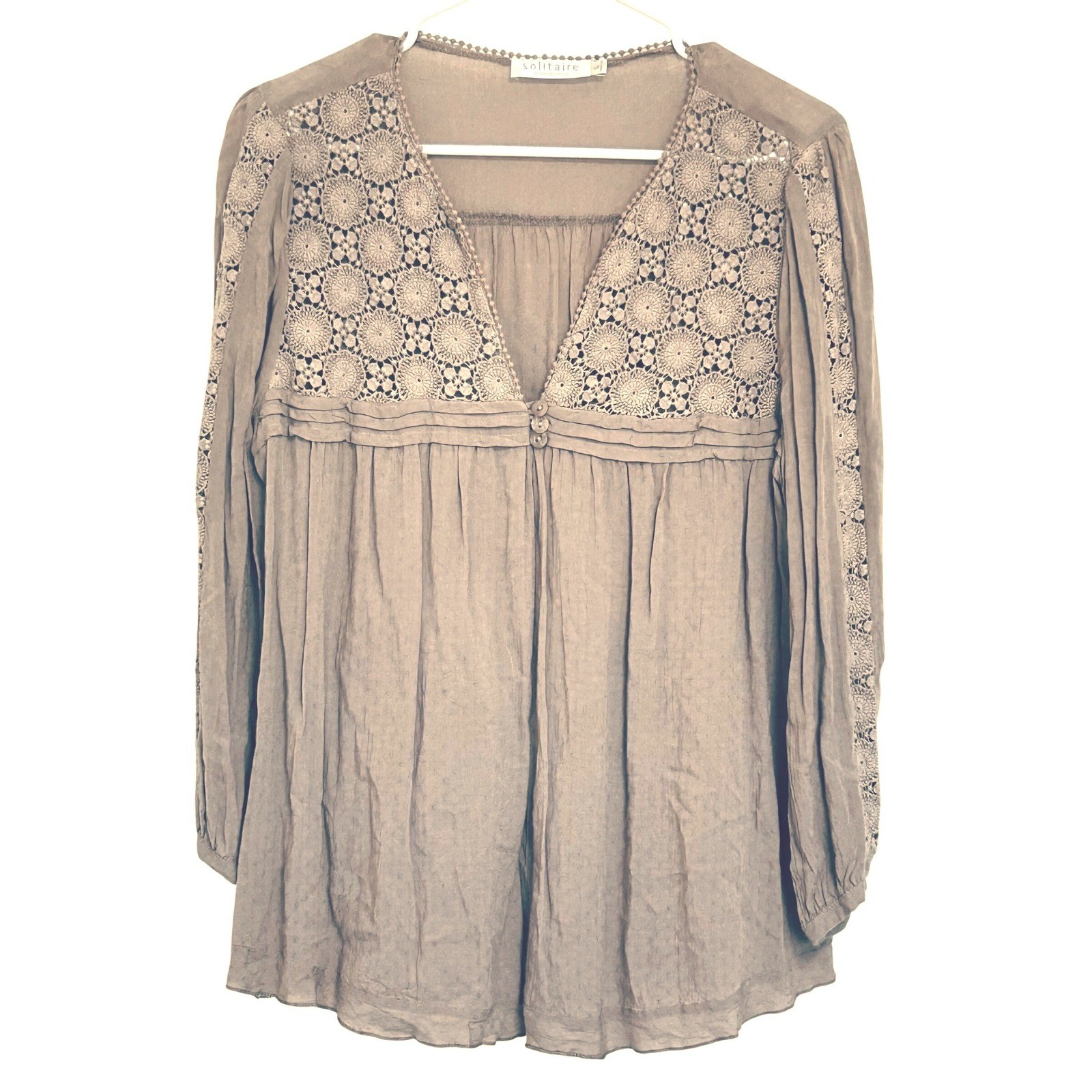 Solitaire Ravi Khosha crochet BOHO chic tan top rayon cotton lightweight tunic L