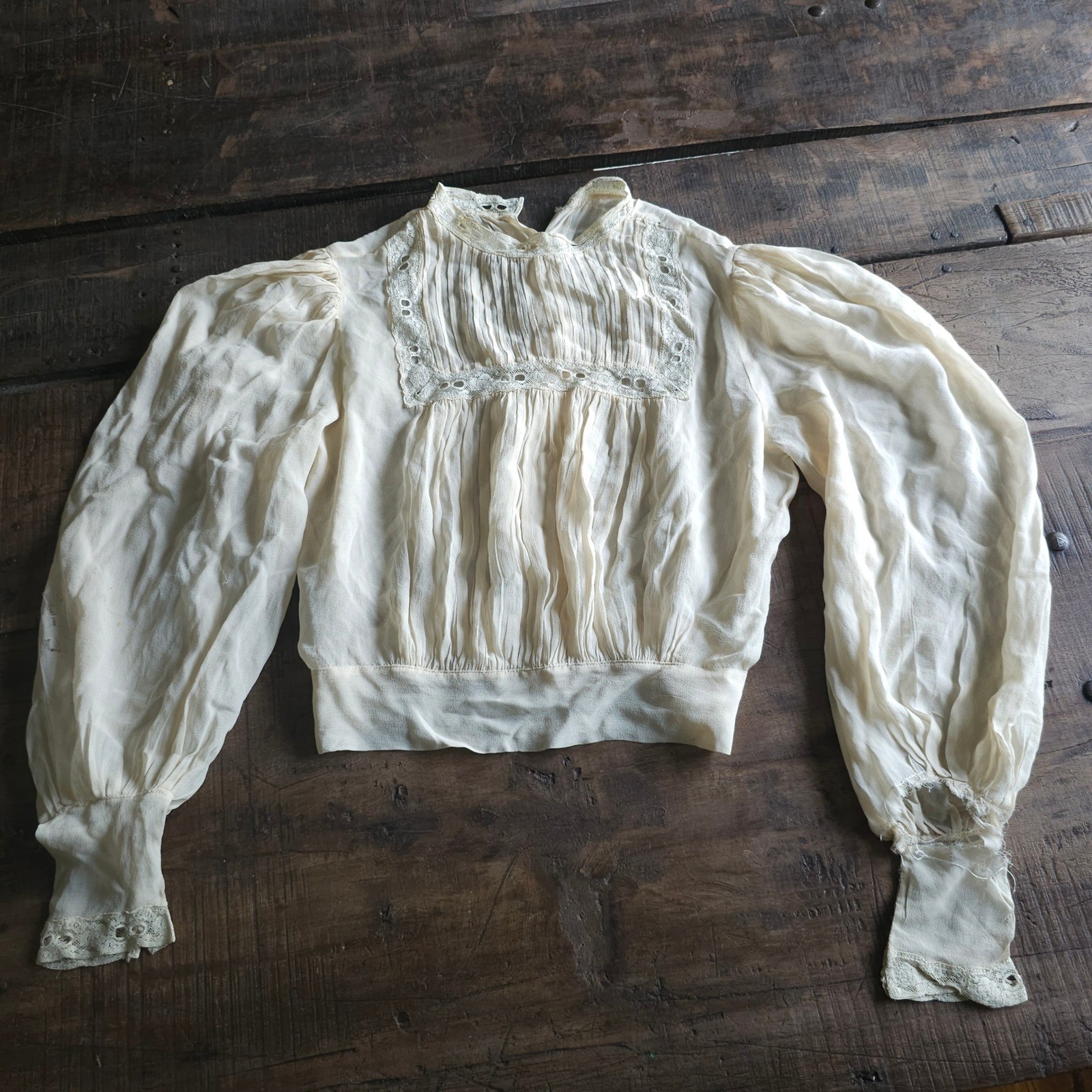Antique Edwardian Pigeon Breast Blouse Lace Trim Bishop Sleeve Cream Top AS IS