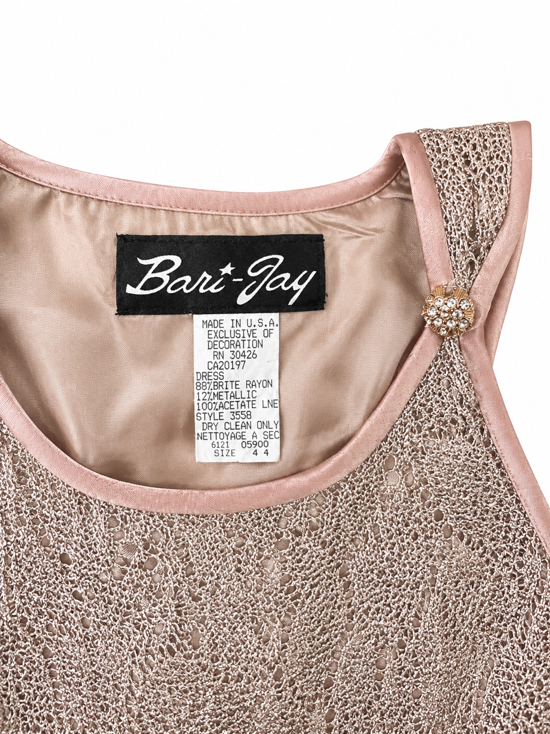 Vintage Bari-Jay 90s Champagne Gold Metallic Lace Cocktail Dress Size 3/4 USA