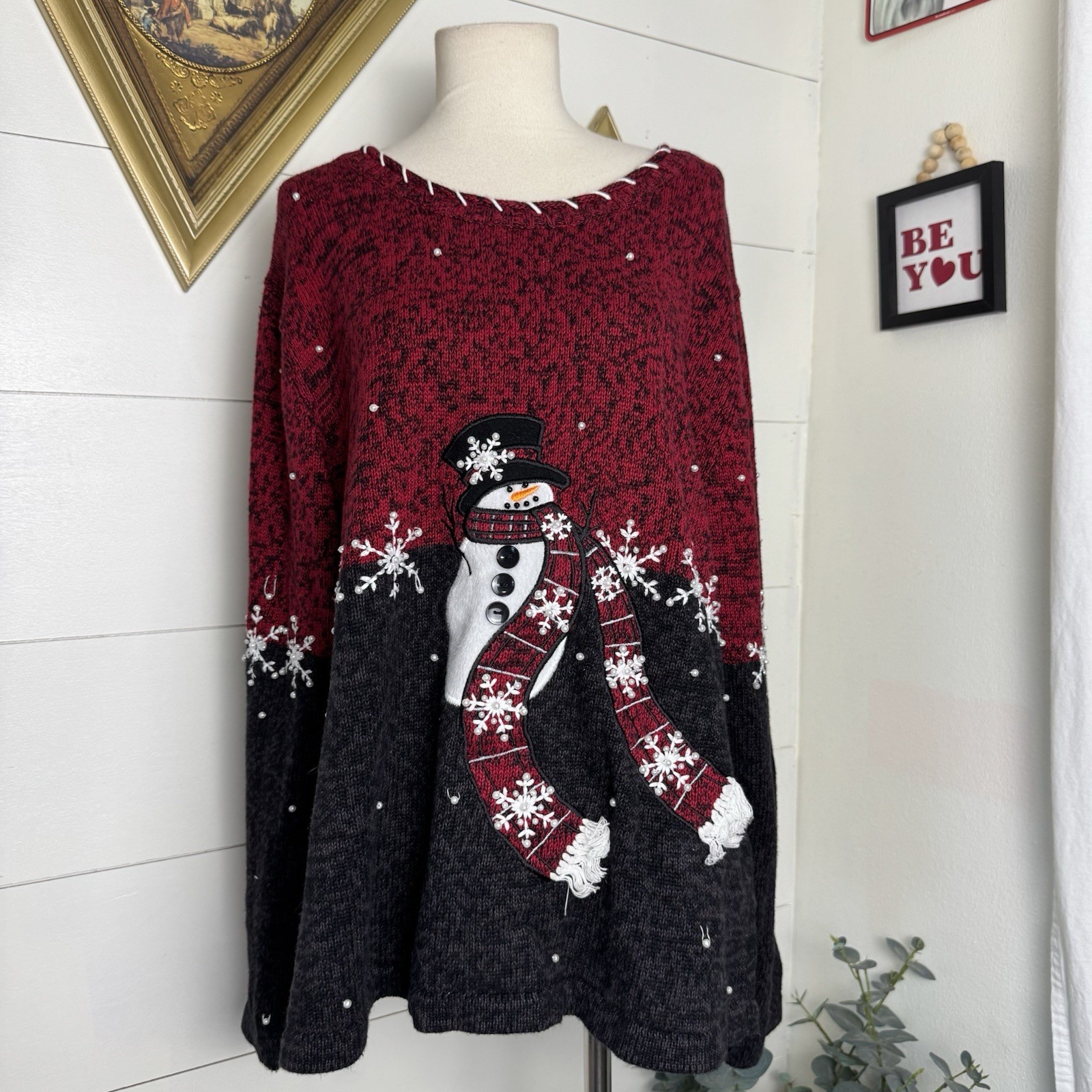 Mandal Bay Ugly Christmas Sweater Tacky party knit top snowman VTG beaded XL