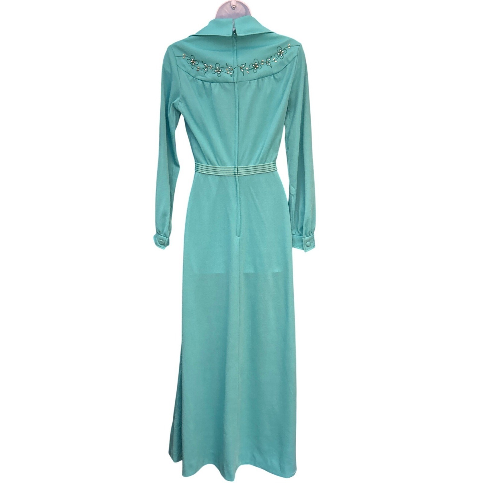 Vintage 70s Connections Maxi Dress Turquoise Embroidered Prairie Boho Retro 8H