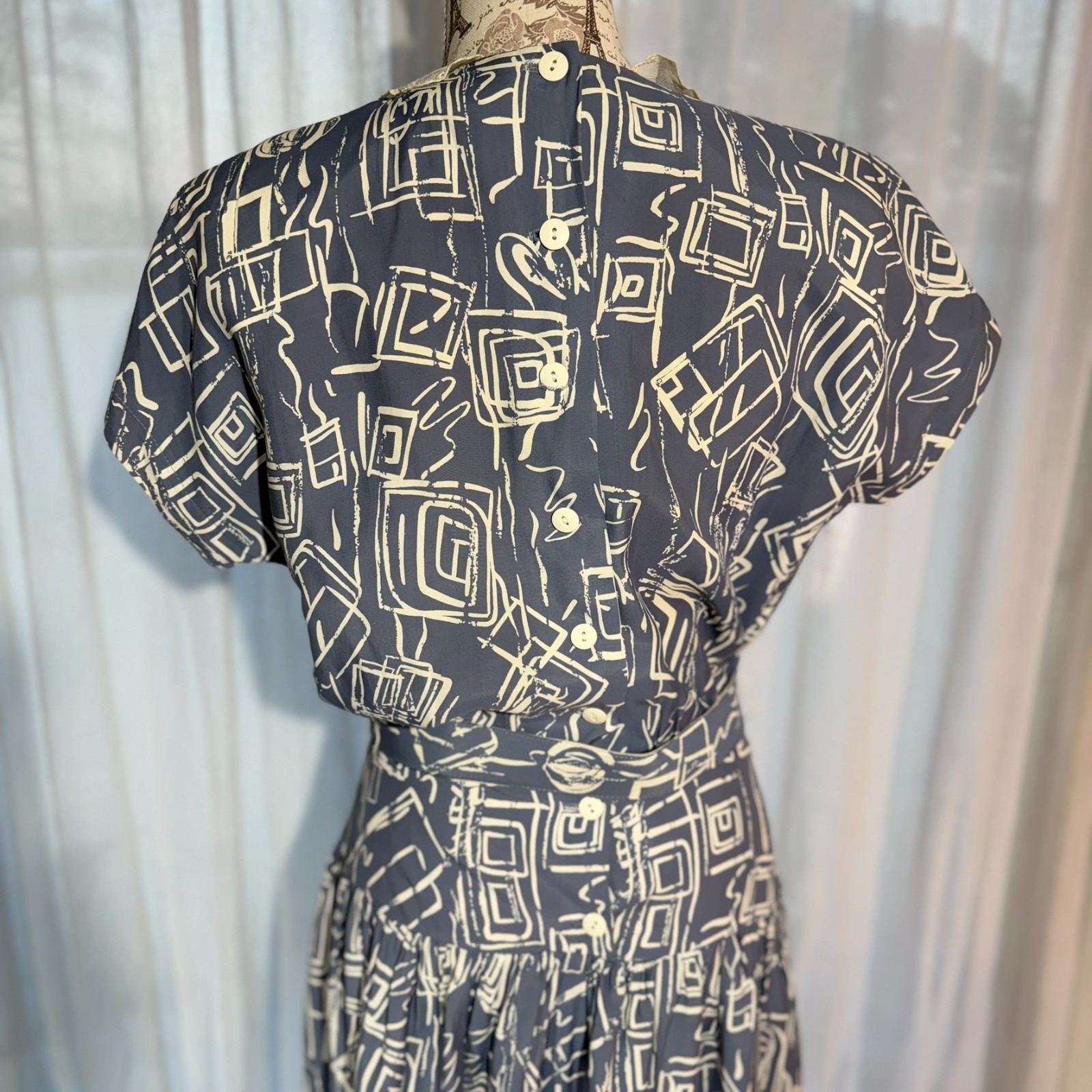 Vtg 80s Abstract Drop Waist Dress RAYON Belted LACE Ed Michaels 6 Preppy NewWave