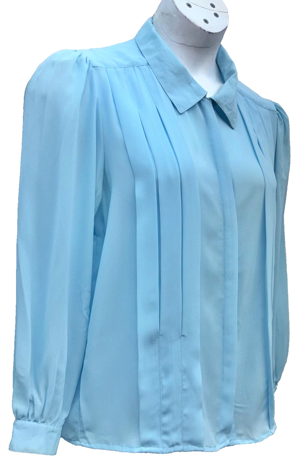 VTG Joan Harper Women Size 16 Button Up Long Sleeve Chiffon Top Baby Blue Pleats