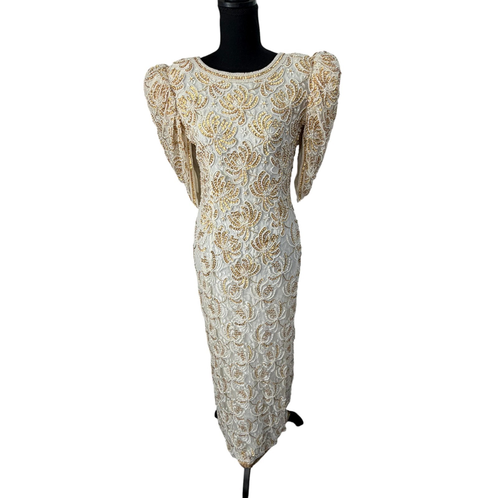 VINTAGE 80s Judith Ann Creations Ivory Gold Beaded Sequin Gown Dress Small