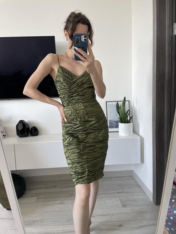 Vintage cocktail Dress Green gasoline size 4 pleated draped Niki by Niki Livas