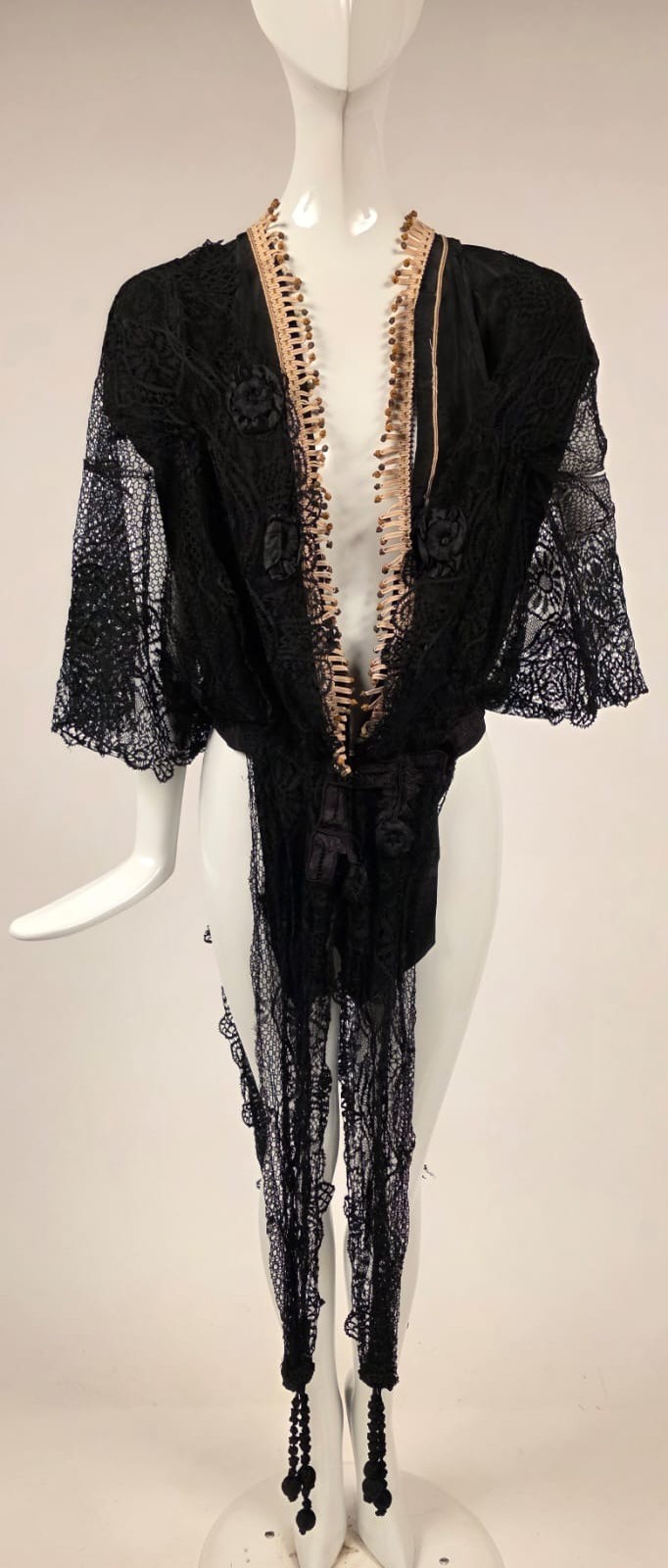 EDWARDIAN HAND MADE CLUNY LACE JACKET W LAME KNOT EDGING + BELL SLEEVES + TAILS