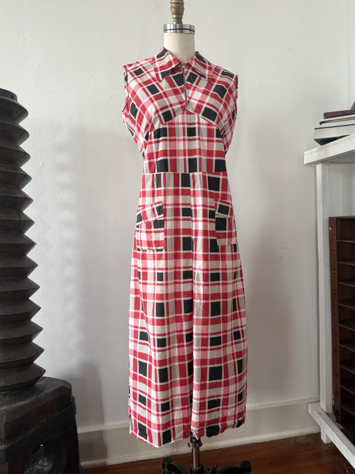 30s Glazed Cotton Plaid Pointed Collar 1/4 Zip Halter Dress Midi Sportswear S/M