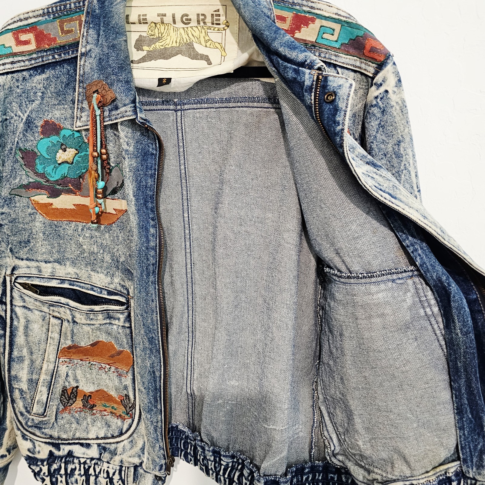 Vintage 80s Denim Jean Jacket Size M Acid Washed Southwestern Aztec Made In USA