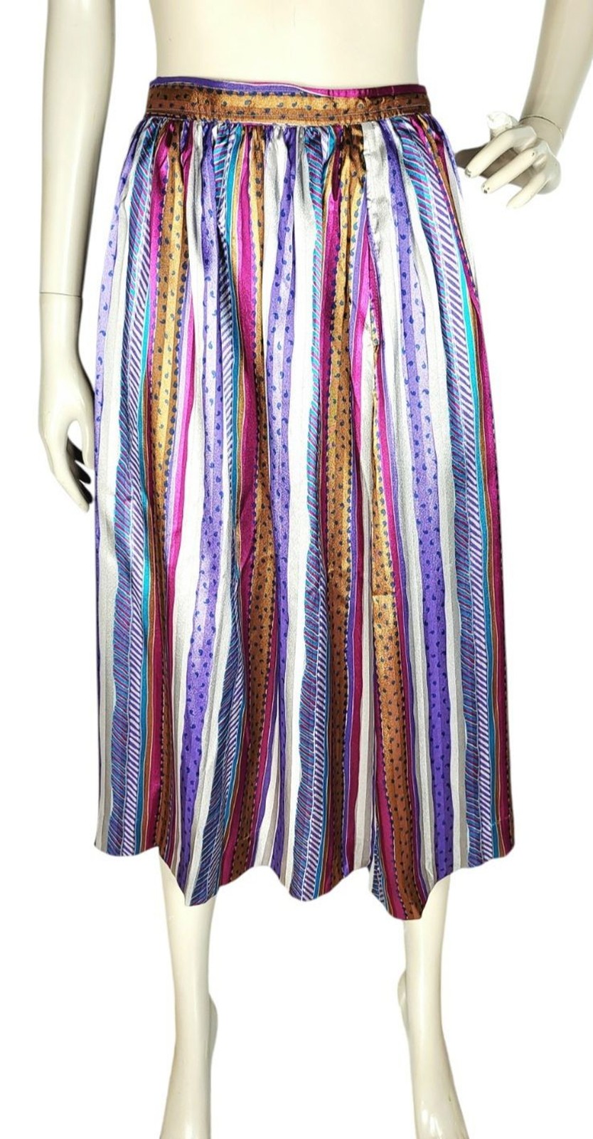 VTG 70s Evan Picone Silky Satin Mixed Media Puff Balloon Sleeve Blouse Skirt Set