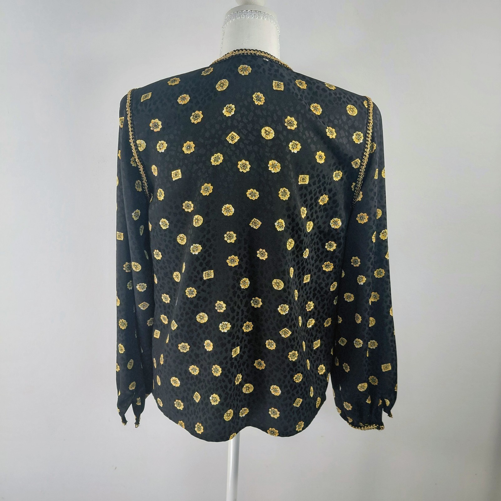 VTG Maggy London Brocade Blouse 4 Black Gold Jacquard Fleur-de-lis Coquette…